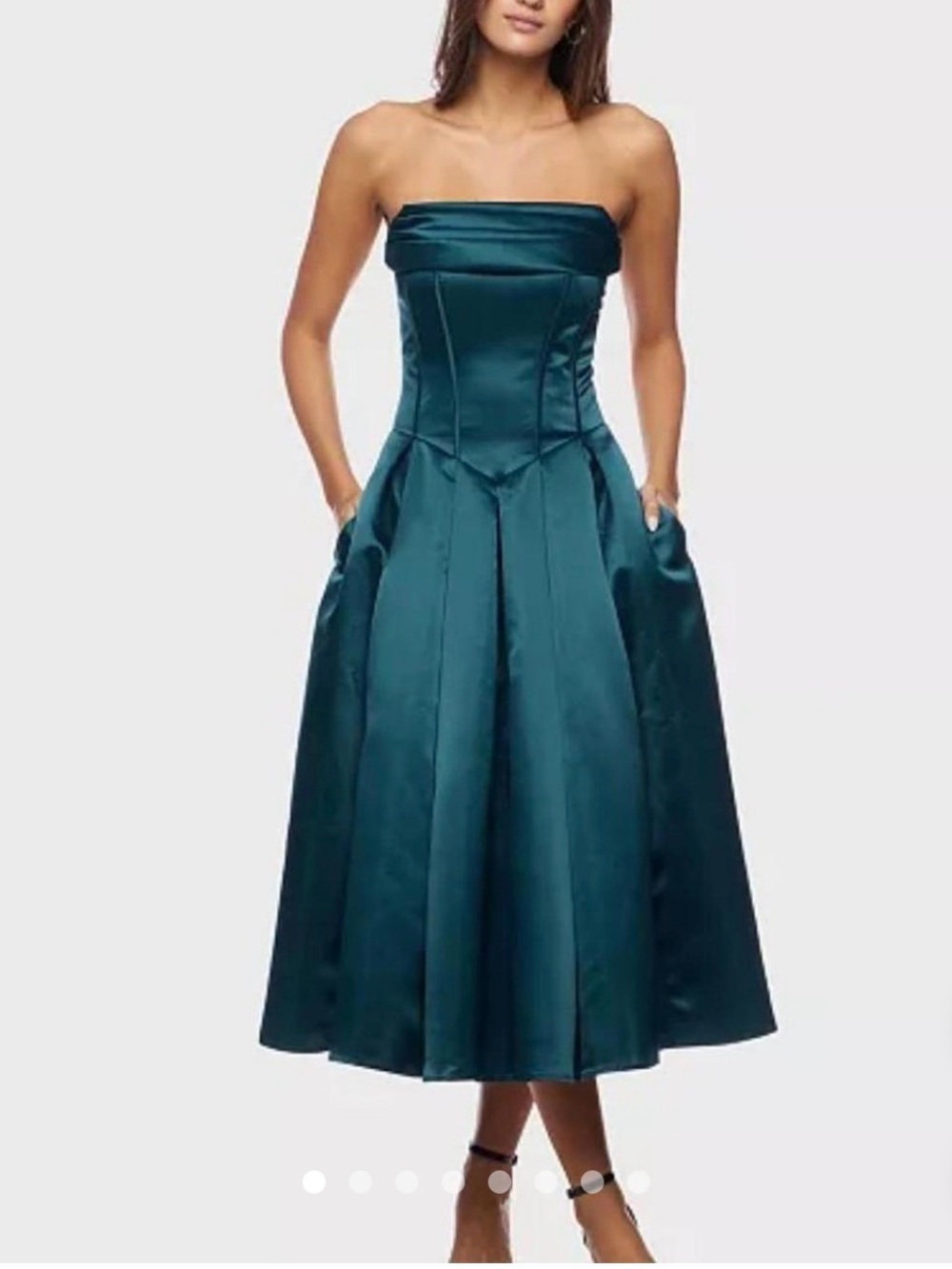 Strapless Teal Satin A-Line Midi Dress